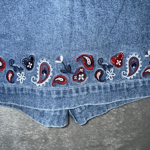 VTG Disney Store Mickey Mouse Embroidered Paisley Wrap Skirt Denim Size S - Picture 2 of 11